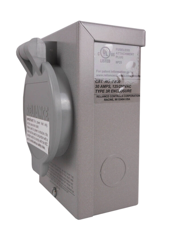 Reliance Controls PB30 30 Amp Power Inlet Box - Side View Showing UL Label and Specifications