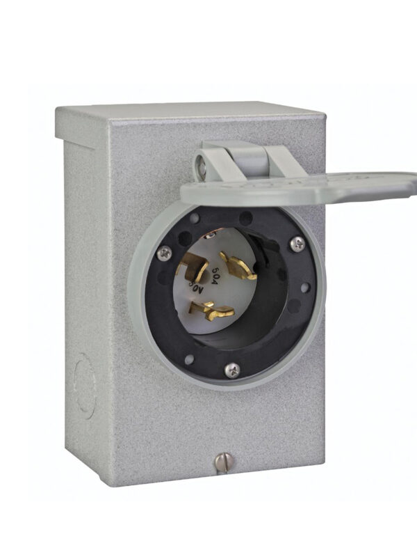 Reliance Controls PB50 50 Amp Twist Lock Power Inlet Box NEMA 3R - Angled View Cover Open
