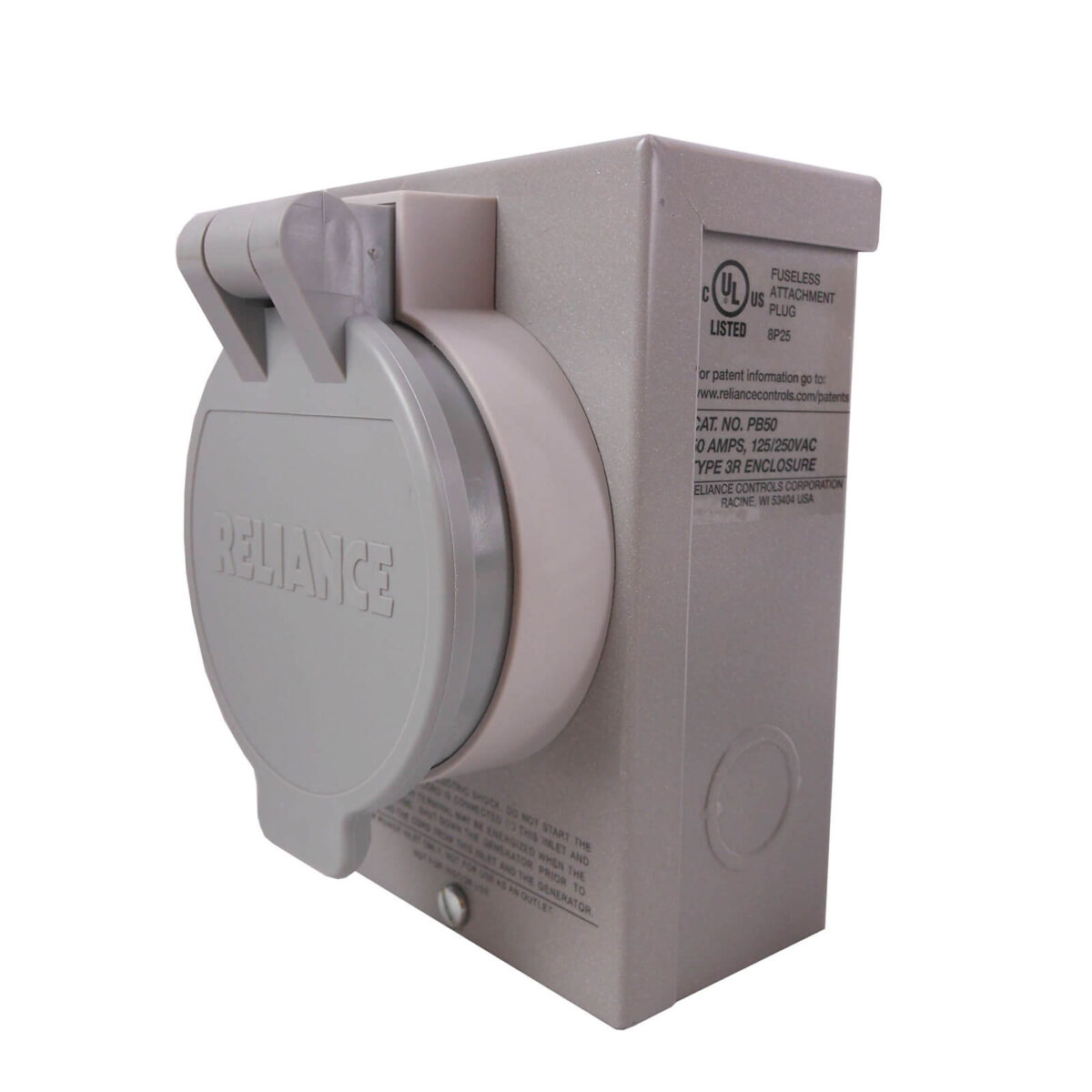 Reliance Controls PB50 50 Amp Power Inlet Box - Side View with Cover Closed Showing UL Label
