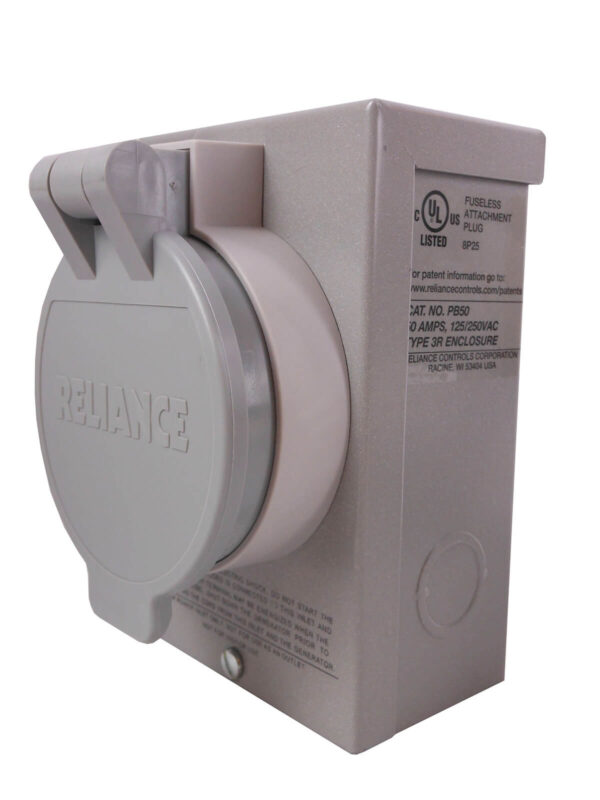 Reliance Controls PB50 50 Amp Power Inlet Box - Side View with Cover Closed Showing UL Label