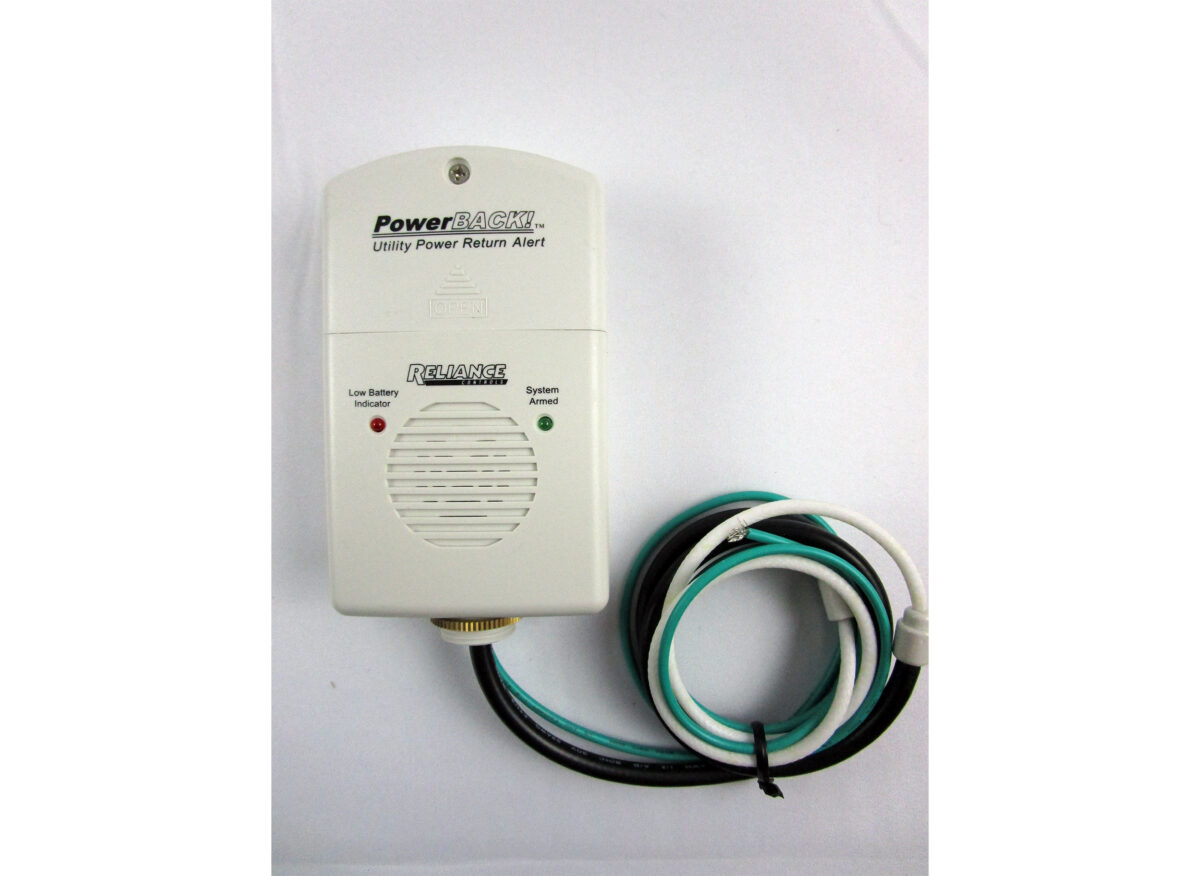 Reliance Controls PBA PowerBack Utility Power Return Alert - side view showing wiring leads extended