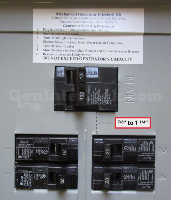 Sylvania Westinghouse 41251 Generator Interlock Kit - Installed on Breaker Panel Showing 3-1/4 Inch Spacing Sylvania Westinghouse 41251 Generator Interlock Kit - Installed on Breaker Panel Showing 3-1/4 Inch Spacing