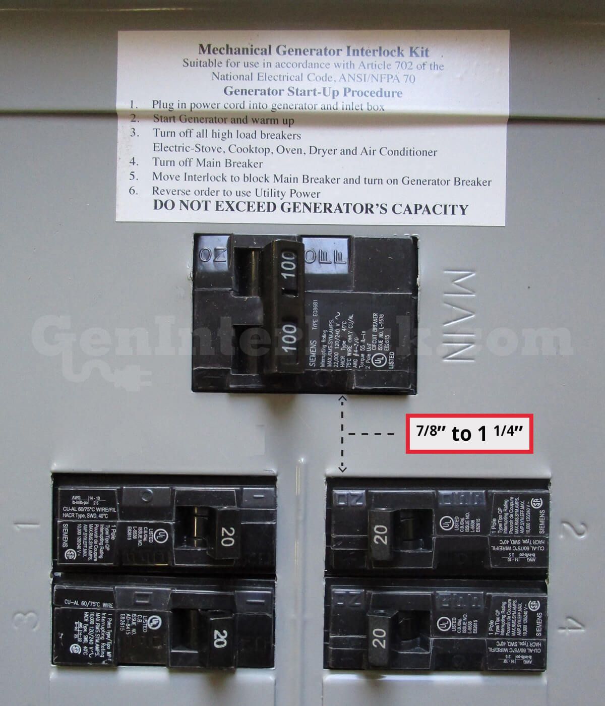 Siemens 41103 Generator Interlock Kit for 100 Amp Panels - Installed on Breaker Panel Showing 7/8" to 1-1/4" Spacing
