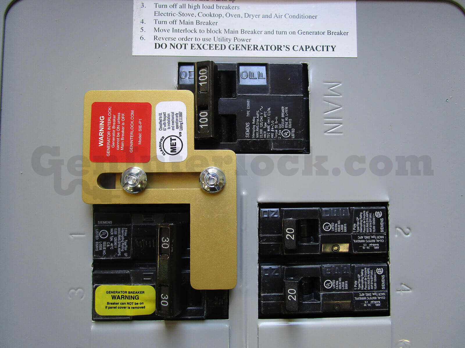 Siemens 41103 Generator Interlock Kit for 100 Amp Panels - Installed on Breaker Panel with Main Breaker Blocked