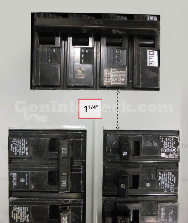 Siemens ITE 41201 Generator Interlock Kit - Installed on Breaker Panel Showing 1-1/4 Inch Spacing