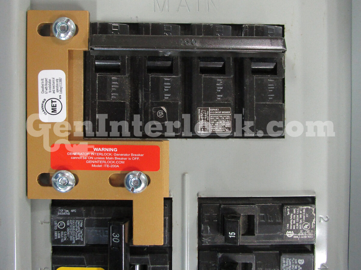 Sylvania Westinghouse 41251 Generator Interlock Kit - Installed on Breaker Panel Showing 3-1/4 Inch Spacing