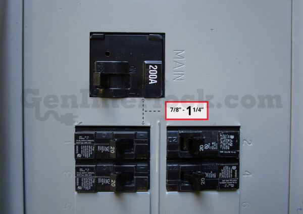 Sylvania Westinghouse 41251 Generator Interlock Kit - Installed on Breaker Panel Showing 3-1/4 Inch Spacing Sylvania Westinghouse 41251 Generator Interlock Kit - Installed on Breaker Panel Showing 3-1/4 Inch Spacing