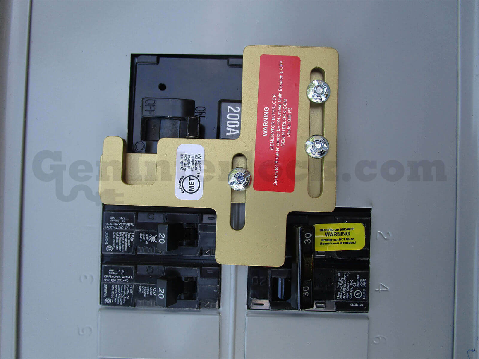 Siemens 41203 Generator Interlock Kit Installed on Breaker Panel - Main Breaker OFF Position