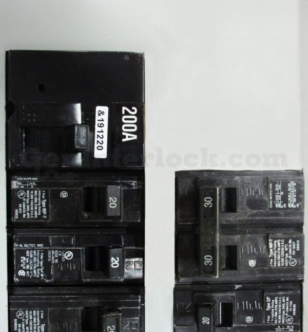 Siemens 41205 Generator Interlock Kit - Installed on Breaker Panel, dual-column 200A main breaker view
