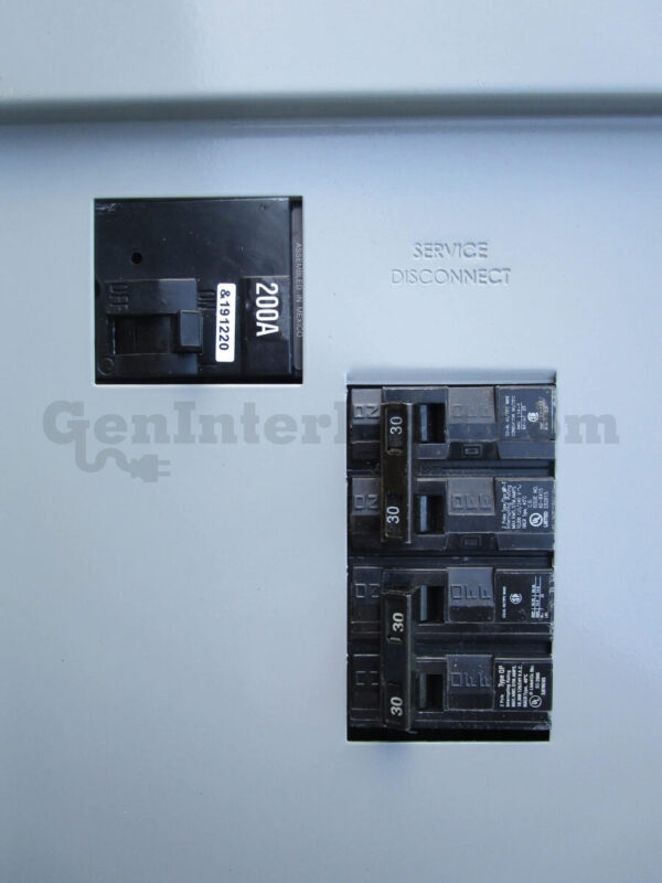 Siemens 41205 Generator Interlock Kit - Installed on Breaker Panel, 200A service disconnect close-up