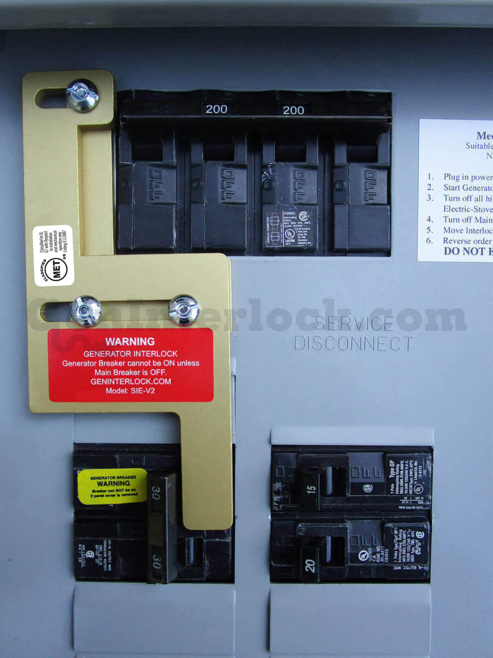Siemens 41206 Vertical Throw Generator Interlock Kit - Installed on Panel with MET-classified interlock plate mounted