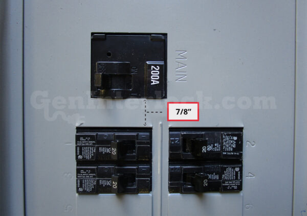 Sylvania Westinghouse 41251 Generator Interlock Kit - Installed on Breaker Panel Showing 3-1/4 Inch Spacing Sylvania Westinghouse 41251 Generator Interlock Kit - Installed on Breaker Panel Showing 3-1/4 Inch Spacing