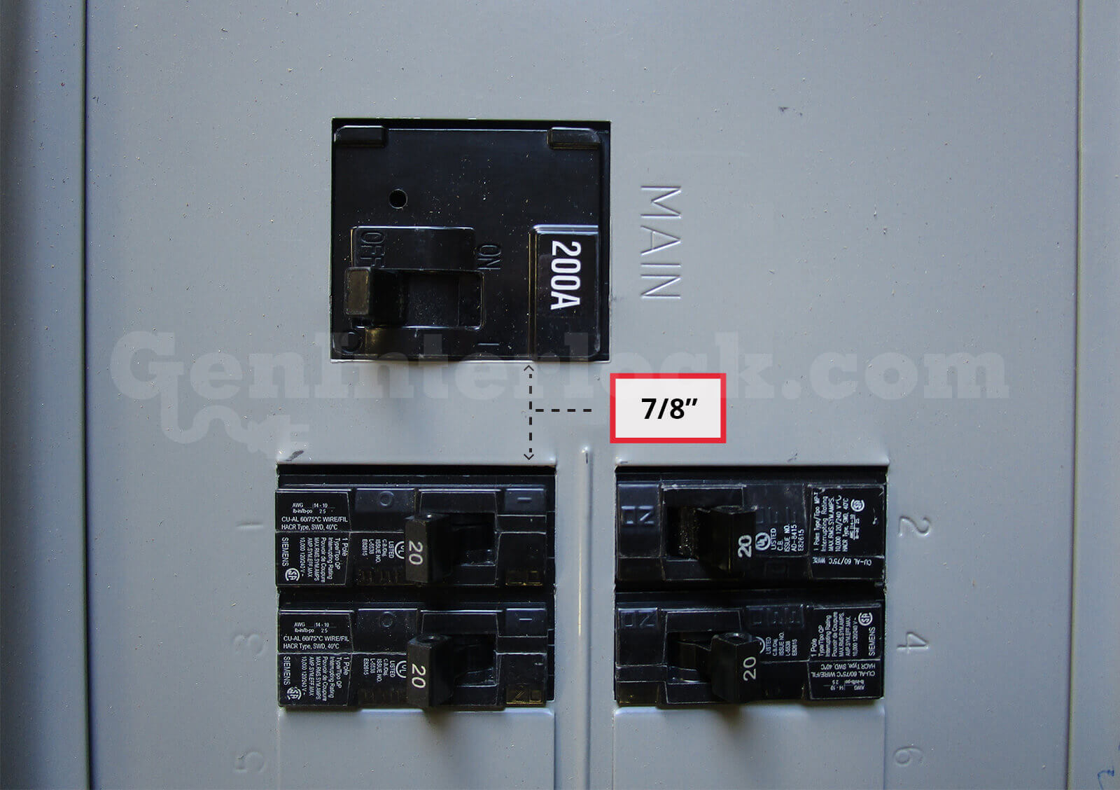 Siemens 41710 Generator Interlock Kit - Installed on 200A Breaker Panel Showing 7/8-Inch Spacing