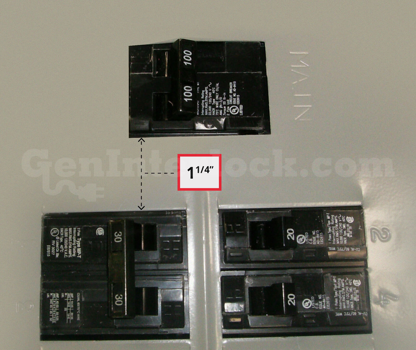 Siemens 41601 Generator Interlock Kit for Murray 100A - Installed on Breaker Panel with 1-1/4 Inch Spacing