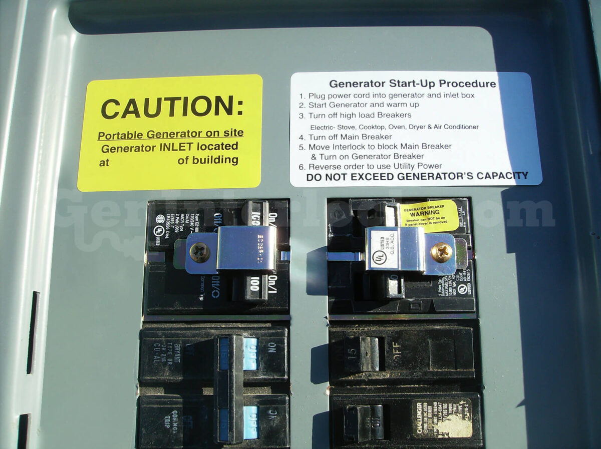 Siemens 41602 Generator Interlock Kit (formerly MUR100PUL) - Installed on Panel with Safety Labels