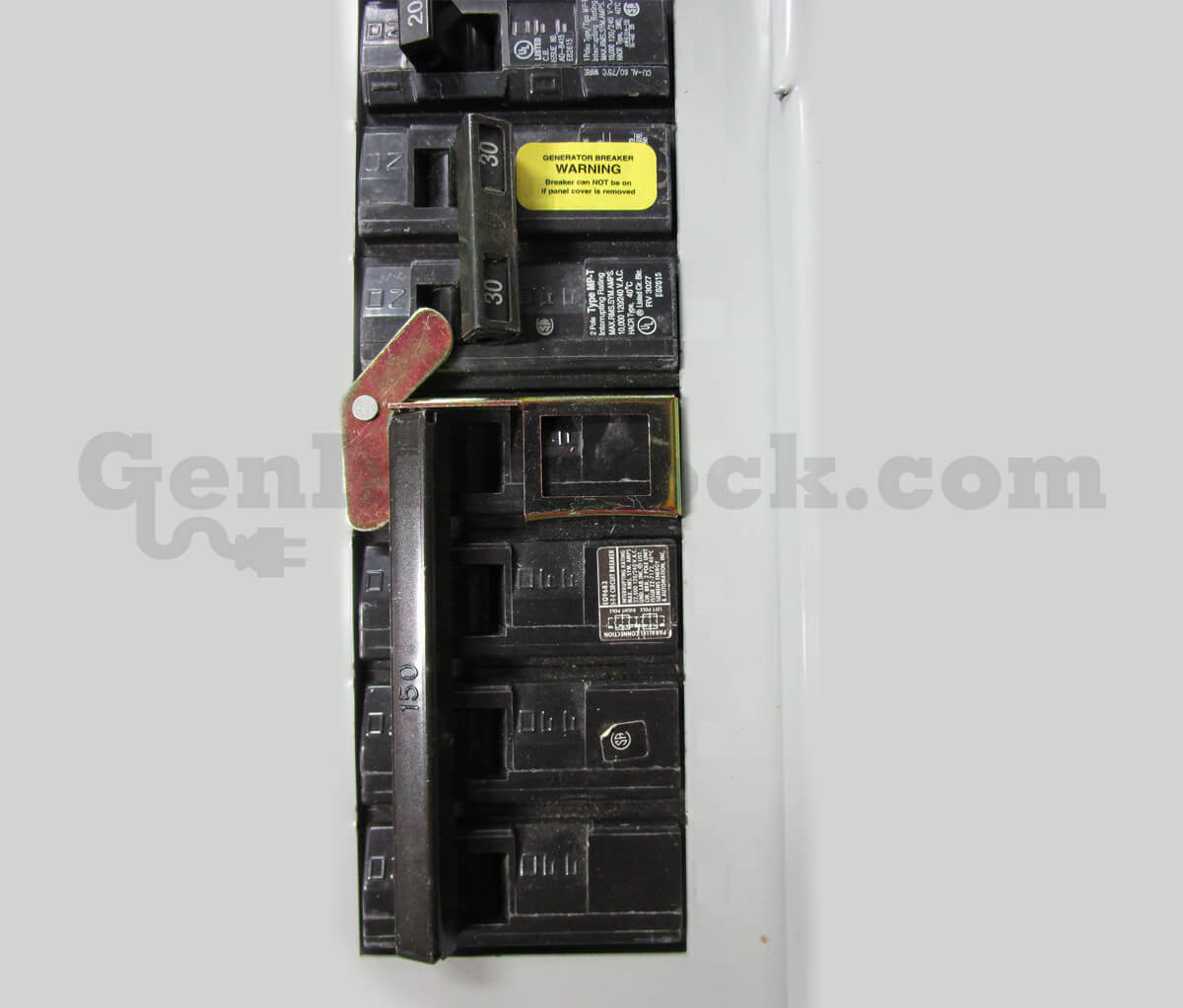 Siemens 41712 Generator Interlock Kit Installed on Breaker Panel - Generator Breaker Warning Label Visible