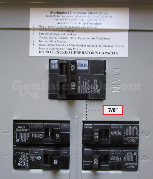 Sylvania Westinghouse 41251 Generator Interlock Kit - Installed on Breaker Panel Showing 3-1/4 Inch Spacing Sylvania Westinghouse 41251 Generator Interlock Kit - Installed on Breaker Panel Showing 3-1/4 Inch Spacing