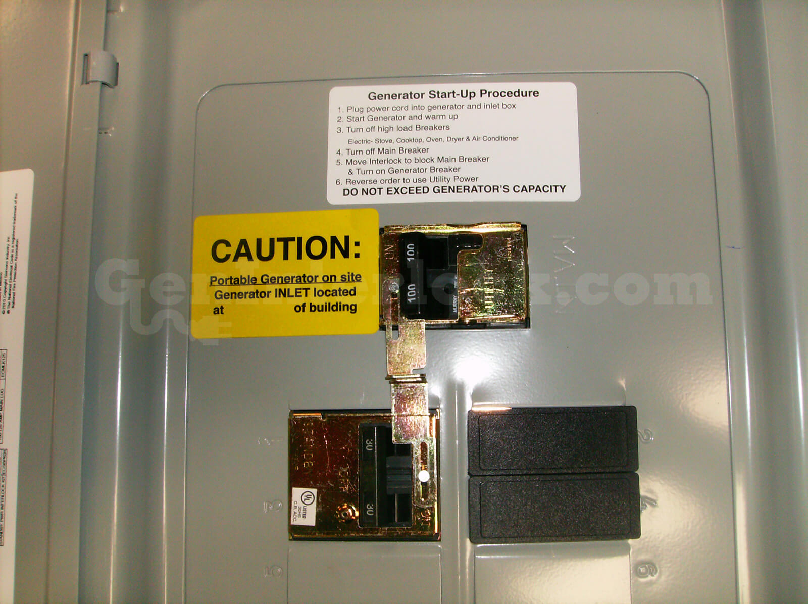 Siemens 41604 Generator Interlock Kit (formerly SIEPN11) - Installed on 100A Panel with Caution and Startup Labels