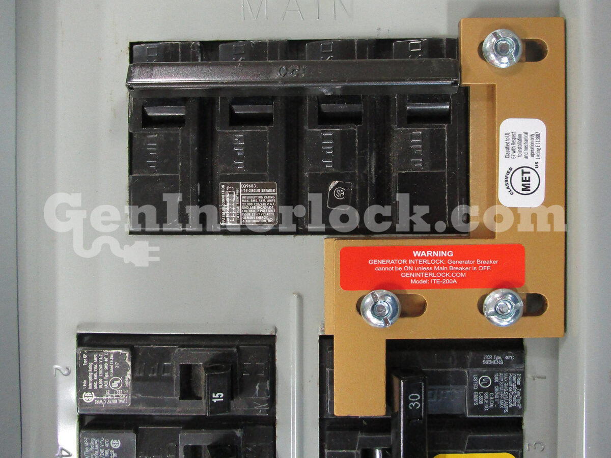 Siemens ITE 41202 Generator Interlock Kit Installed on Breaker Panel
