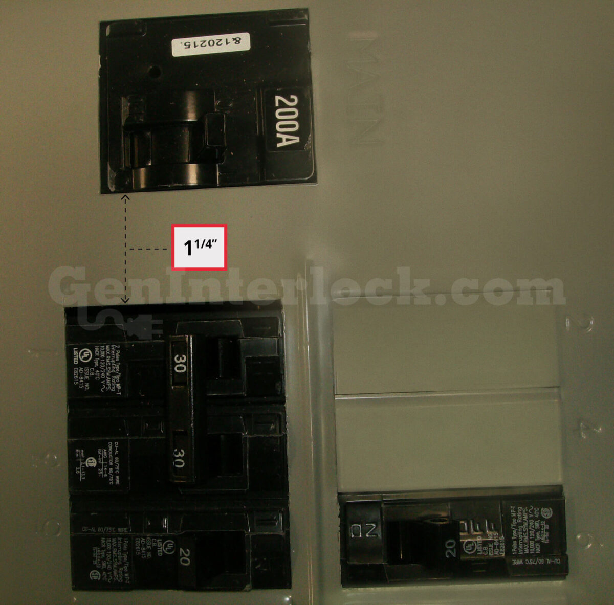 Siemens Murray 41702 Generator Interlock Kit - Installed on 200A Panel Showing 1-1/4 Inch Spacing