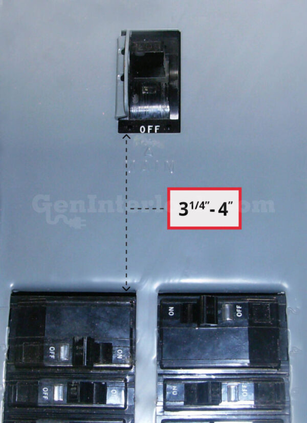 Sylvania Westinghouse 41251 Generator Interlock Kit - Installed on Breaker Panel Showing 3-1/4 Inch Spacing Sylvania Westinghouse 41251 Generator Interlock Kit - Installed on Breaker Panel Showing 3-1/4 Inch Spacing