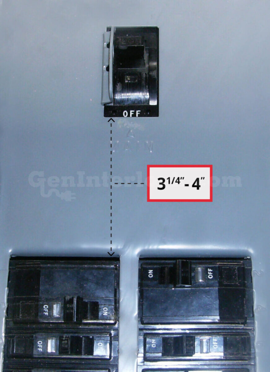 Square D 51203 Generator Interlock Kit - Installed on Breaker Panel showing 3-1/4 to 4 inch spacing