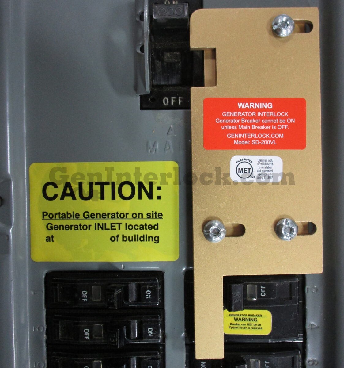 Square D 51203 Generator Interlock Kit - Installed on Panel with Warning and Caution labels visible