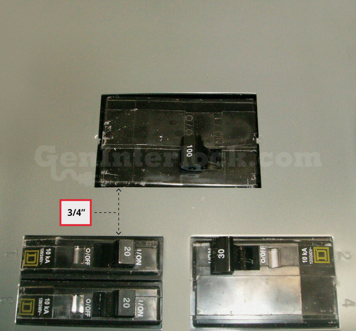 Sylvania Westinghouse 41251 Generator Interlock Kit - Installed on Breaker Panel Showing 3-1/4 Inch Spacing