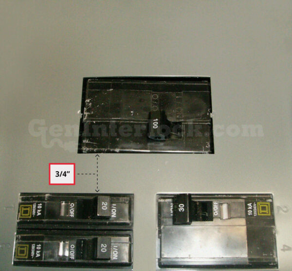 Sylvania Westinghouse 41251 Generator Interlock Kit - Installed on Breaker Panel Showing 3-1/4 Inch Spacing Sylvania Westinghouse 41251 Generator Interlock Kit - Installed on Breaker Panel Showing 3-1/4 Inch Spacing