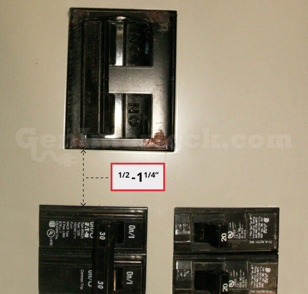 Sylvania Westinghouse 41251 Generator Interlock Kit - Installed on Breaker Panel Showing 3-1/4 Inch Spacing