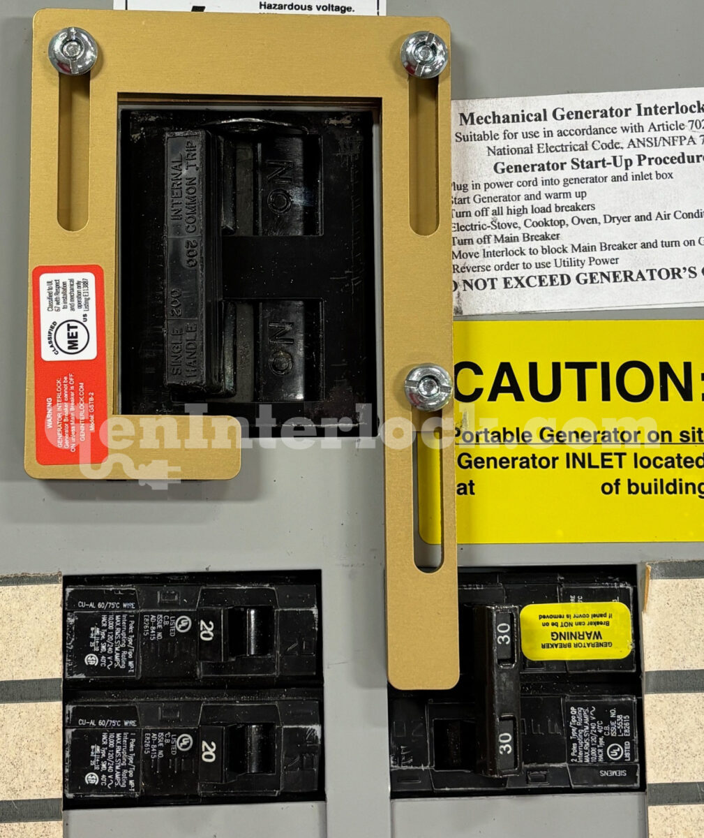 Westinghouse 15502 Generator Interlock Kit - Installed on Breaker Panel with caution labels visible