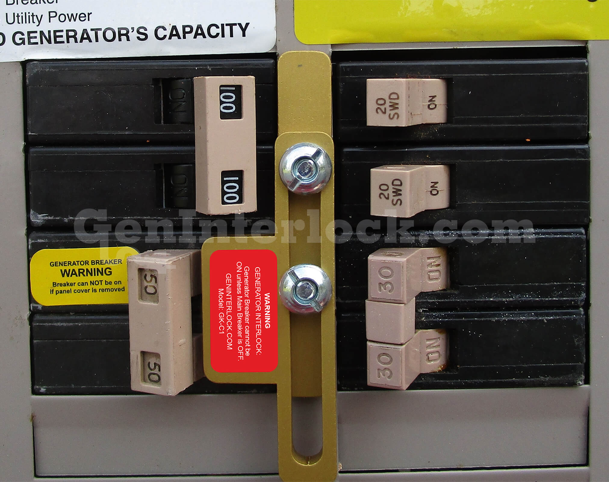 Cutler-Hammer 21201 Generator Interlock Kit - Installed on Panel Showing Main Breaker On Position