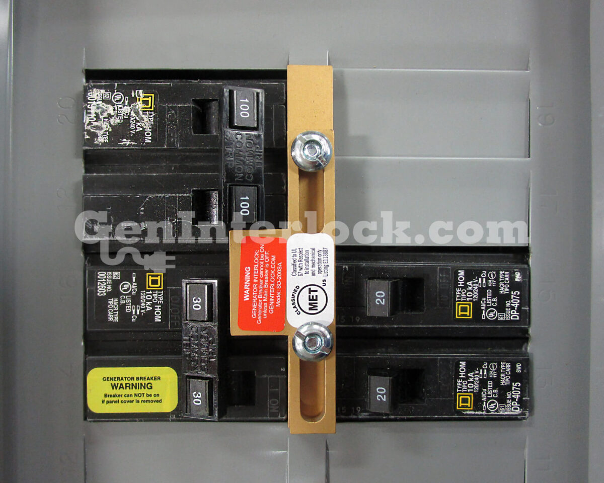 Sylvania Westinghouse 41251 Generator Interlock Kit - Installed on Breaker Panel Showing 3-1/4 Inch Spacing