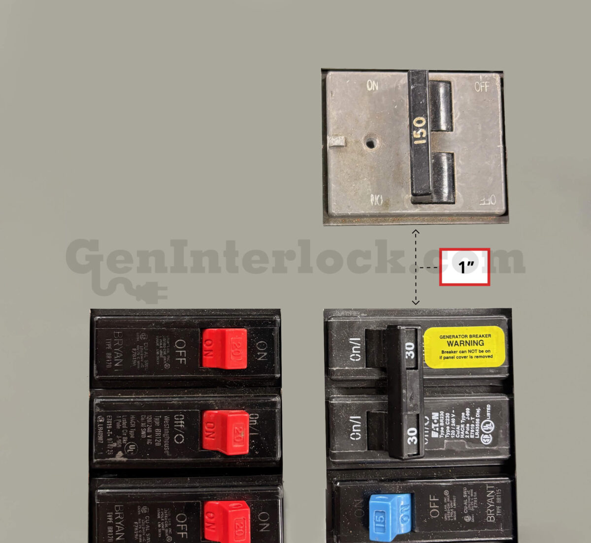 Sylvania Westinghouse 41251 Generator Interlock Kit - Installed on Breaker Panel Showing 3-1/4 Inch Spacing