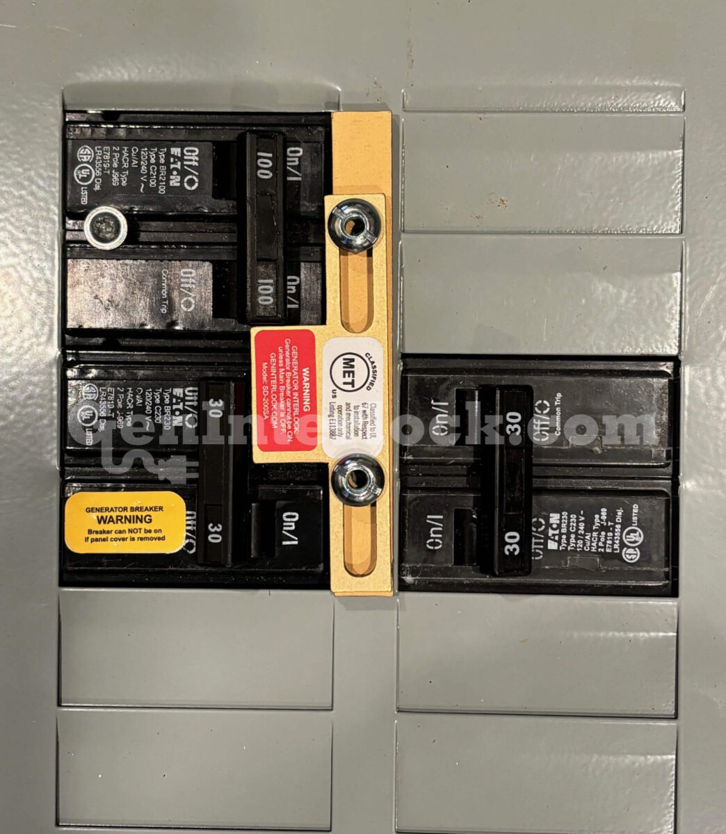 Sylvania Westinghouse 41251 Generator Interlock Kit - Installed on Breaker Panel Showing 3-1/4 Inch Spacing