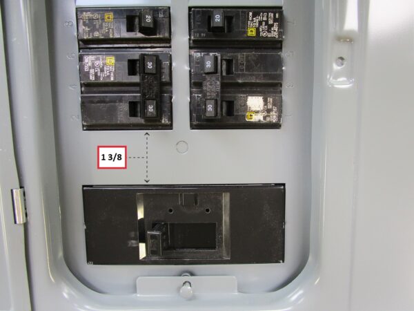 Sylvania Westinghouse 41251 Generator Interlock Kit - Installed on Breaker Panel Showing 3-1/4 Inch Spacing Sylvania Westinghouse 41251 Generator Interlock Kit - Installed on Breaker Panel Showing 3-1/4 Inch Spacing