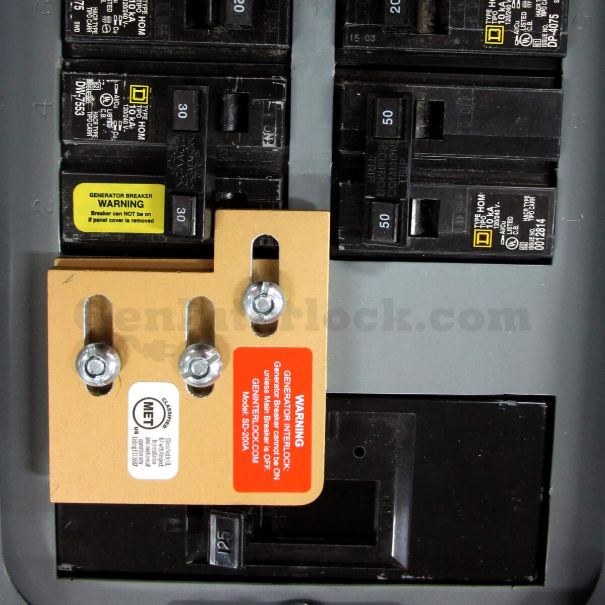 Square D Homeline 51204 Generator Interlock Kit - Installed on Panel with Interlock Engaged