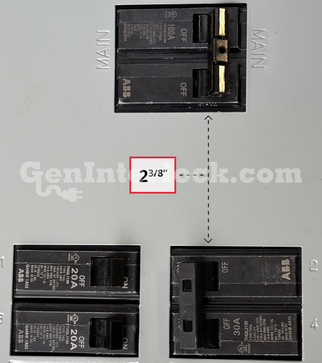 ABB 31103 Generator Interlock Kit - ABB Panel Showing 2-3/8" Breaker Spacing