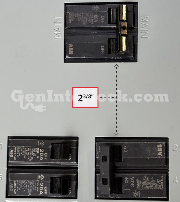Sylvania Westinghouse 41251 Generator Interlock Kit - Installed on Breaker Panel Showing 3-1/4 Inch Spacing Sylvania Westinghouse 41251 Generator Interlock Kit - Installed on Breaker Panel Showing 3-1/4 Inch Spacing