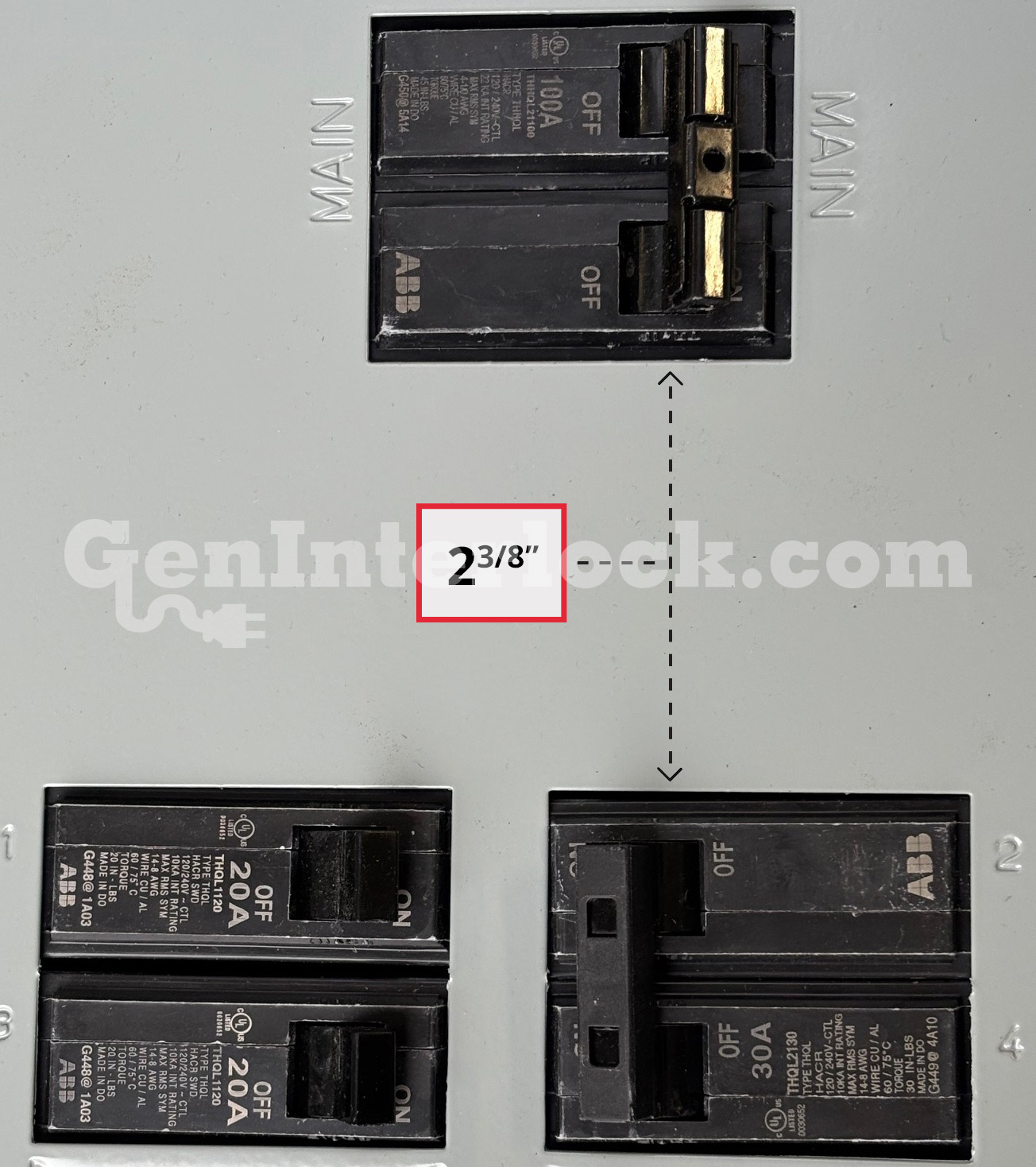 Sylvania Westinghouse 41251 Generator Interlock Kit - Installed on Breaker Panel Showing 3-1/4 Inch Spacing