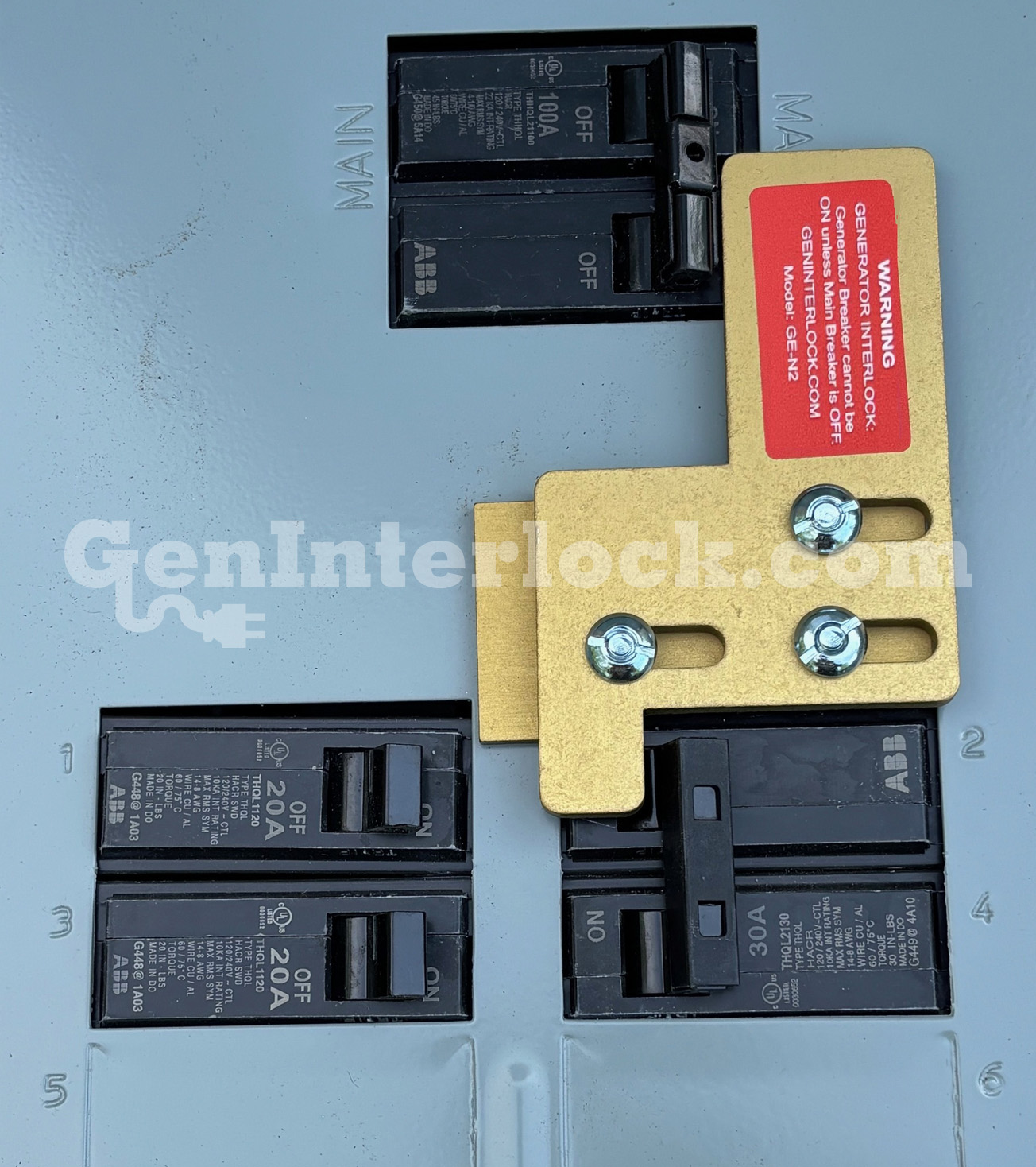 Sylvania Westinghouse 41251 Generator Interlock Kit - Installed on Breaker Panel Showing 3-1/4 Inch Spacing