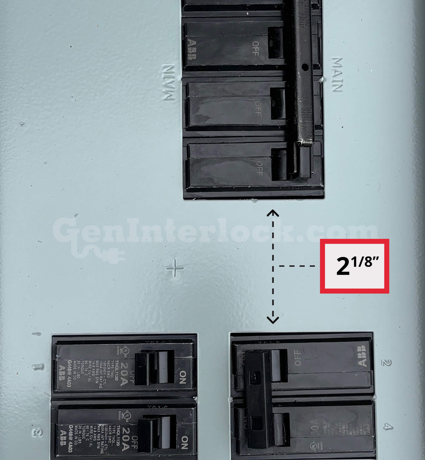 ABB 31202 Generator Interlock Kit - Installed on 150-200 Amp Panel Showing 2-1/8 Inch Spacing