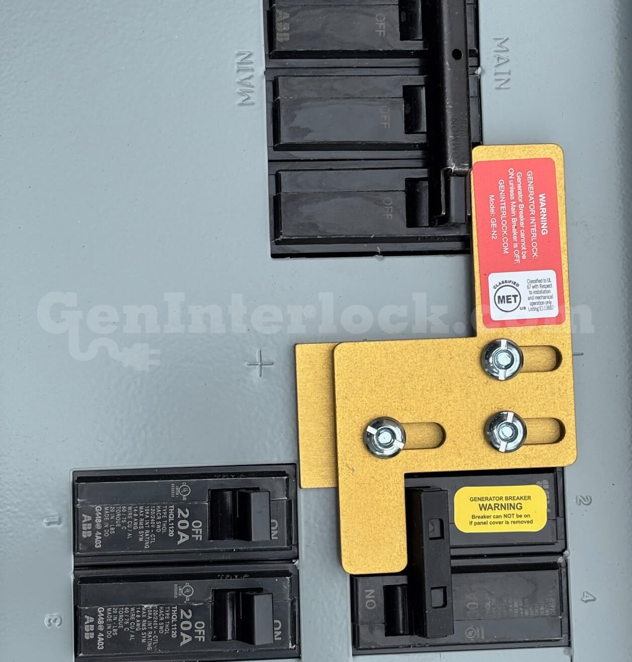 ABB 31202 Generator Interlock Kit - Installed on Breaker Panel with Main Breaker On