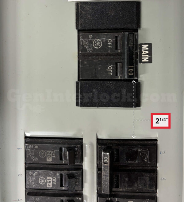 Sylvania Westinghouse 41251 Generator Interlock Kit - Installed on Breaker Panel Showing 3-1/4 Inch Spacing
