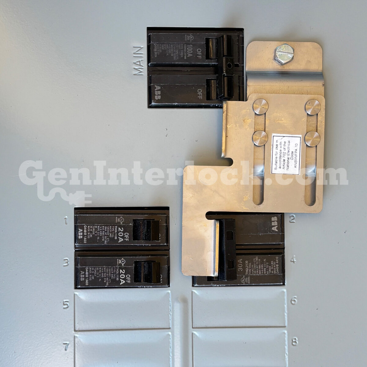 Sylvania Westinghouse 41251 Generator Interlock Kit - Installed on Breaker Panel Showing 3-1/4 Inch Spacing
